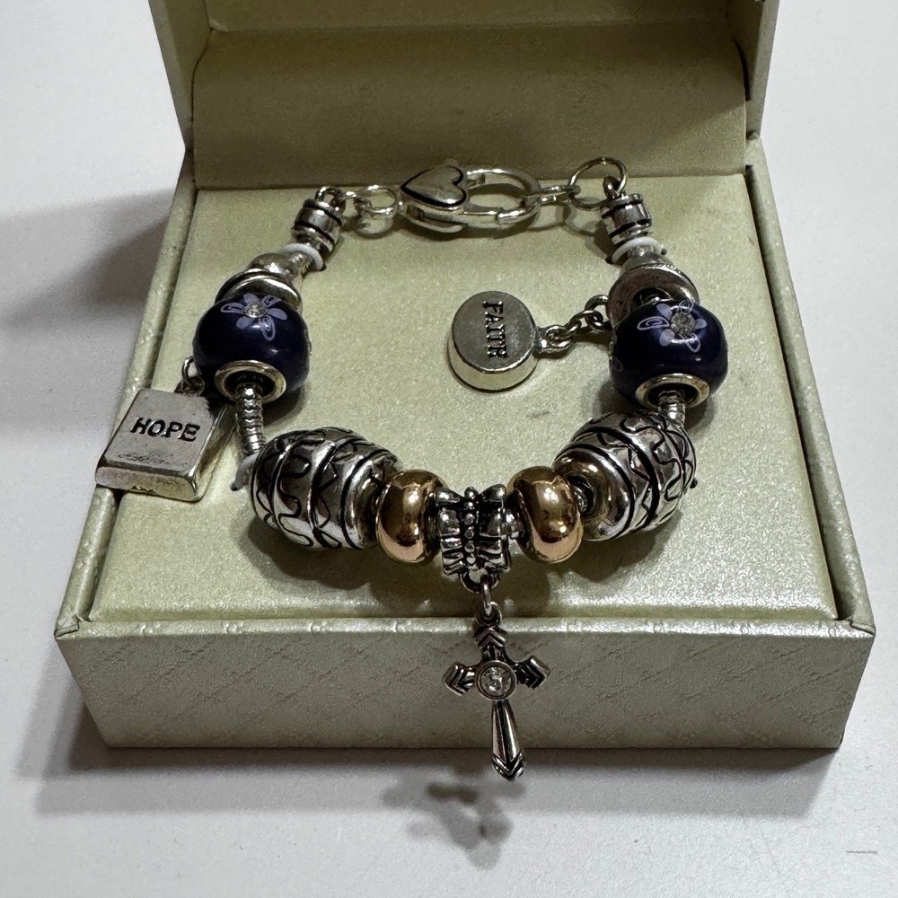 Kim Rogers Silver ToneFaith Hope Cross Charm Bracelet Navy Blue Bead Religious 8